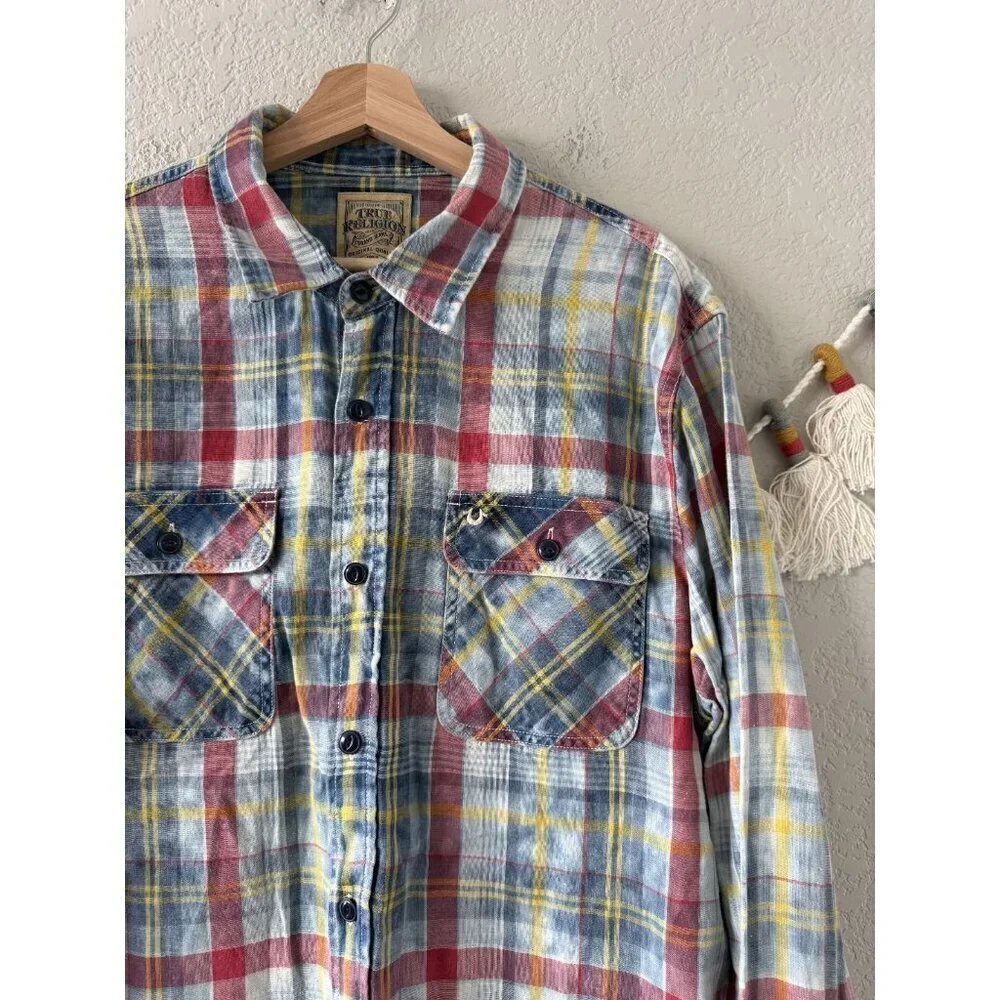 True Religion Plaid Button Up Polo Shirt Western Cowboy Casual Cotton Mens XXL